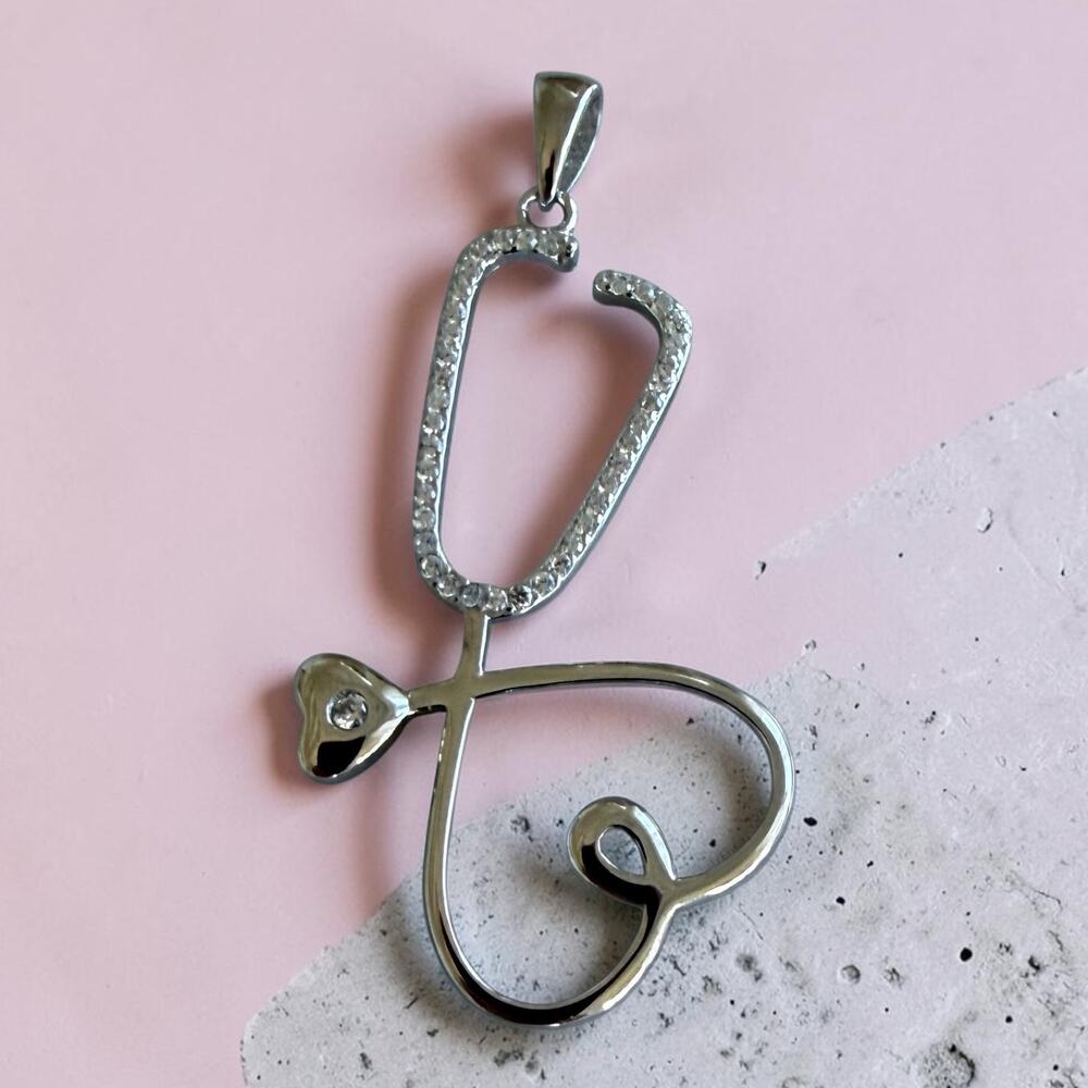 Sterling Silver Silver CZ Heart Stethoscope Pendant